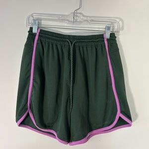 Outdoor Voices Athletic Shorts in Forest Green with Pink Trim
